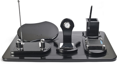 Crea Pen Holder, Post It Box, Card, Plaque, Clock 5 Compartments Metal Desk Set(Black)