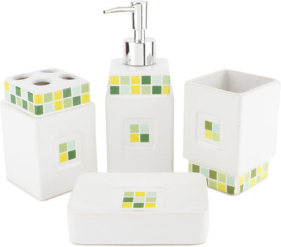 Chrome Green Square print Bone China Bathroom Set(Pack of 4)