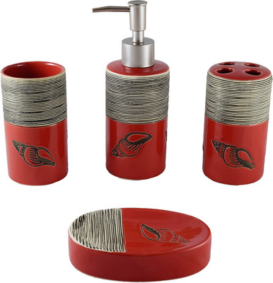 Smiling Home Spiral Abstract Red Porcelain Bathroom Set(Pack of 4)