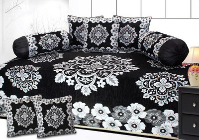 The Intellect Bazaar Chenille Floral Diwan Set, Black;silver