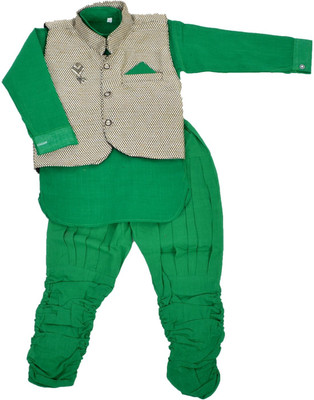 Nut Khut Boys Ethnic Jacket, Kurta and Dhoti Pant Set, Green