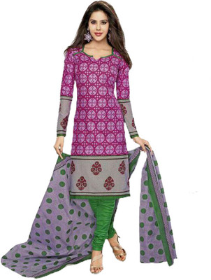 Party Wear Dresses Cotton Printed Semi-stitched Salwar Suit Dupatta Material, Green;pink
