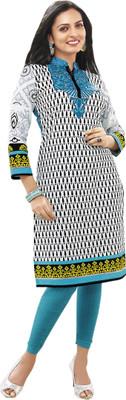 Kanheyas Cotton Printed Kurti Fabric(Un-stitched), White
