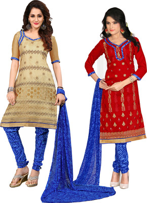 Jiya Chanderi Self Design, Embroidered Salwar Suit Dupatta Material(Un-stitched), Beige;blue;red
