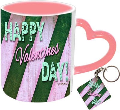 Raj Laxmi Green white keyring pink handle valentine Ceramic Mug(350 ml)