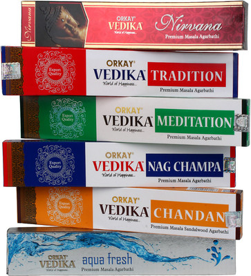Vedika Vedika 6-in-1 set 40 GM Incense 6-in-1 pack (6 pack of 40gm each Natural Agarbatti) Fragrance: Nirvana, Nag Champa, Chandan, Meditation,Tradition and Aqua Fresh Agarbattis(40)
Vedika Vedika 6-in-1 set 40 GM Incense 6-in-1 pack (6 pack of 40gm each Natural Agarbatti) Fragrance: Nirvana, Nag Champa, Chandan, Meditation,Tradition and Aqua Fresh Agarbattis(40)