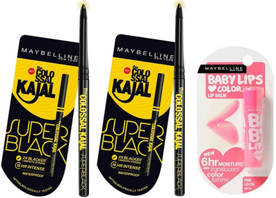 Maybelline super black kajal (pack of 2) & pink lolita babylips(Set of 3)