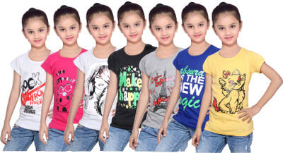 IndiWeaves Girls Printed Cotton T Shirt(Multicolor, Pack of 7