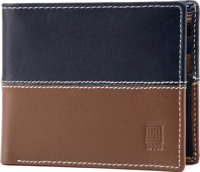 U+N Men Tan Genuine Leather Wallet(6 Card Slots), Navy;tan