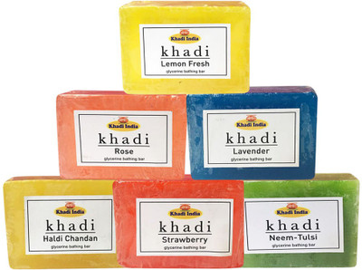 Kangra Valley Khadi Glycerine Bathing Bar, 125g each (Pack of 6) - Lemon Fresh, Rose, Lavender, Haldi Chandan, Strawberry, Neem-Tulsi(125 g)
Kangra Valley Khadi Glycerine Bathing Bar, 125g each (Pack of 6) - Lemon Fresh, Rose, Lavender, Haldi Chandan, Strawberry, Neem-Tulsi(125 g)