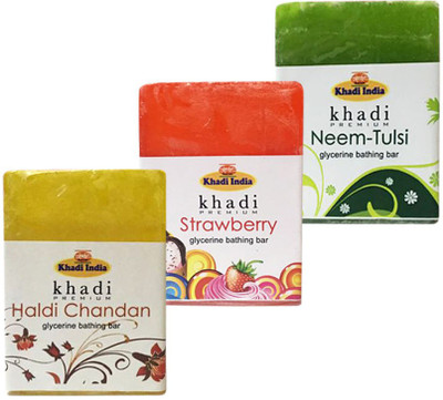 Kangra Valley Khadi Premium Glycerine Bathing Bar, 125g each (Pack of 3) - Haldi Chandan, Strawberry, Neem-Tulsi(375 g, Pack of 3)
Kangra Valley Khadi Premium Glycerine Bathing Bar, 125g each (Pack of 3) - Haldi Chandan, Strawberry, Neem-Tulsi(375 g, Pack of 3)