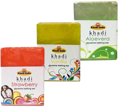 Kangra Valley Khadi Premium Glycerine Bathing Bar, 125g each (Pack of 3) - Strawberry, Vanilla, Aloevera(375 g, Pack of 3)
Kangra Valley Khadi Premium Glycerine Bathing Bar, 125g each (Pack of 3) - Strawberry, Vanilla, Aloevera(375 g, Pack of 3)