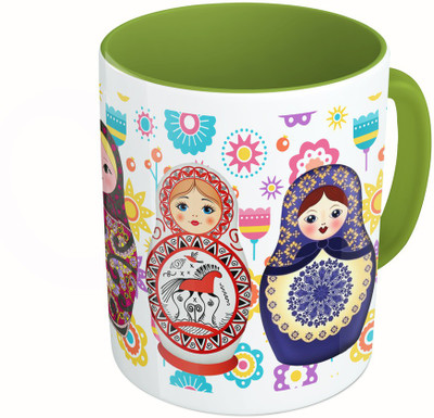 MiiCreations Printed Two Tone Green And White Russian Dolls Ceramic Mug(325 ml)