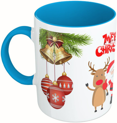MiiCreations Printed Two Tone Blue And White Merry Christmas Greetings Ceramic Mug(325 ml)