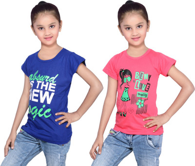 IndiWeaves Girls Printed Cotton T Shirt(Multicolor, Pack of 2, Blue;red