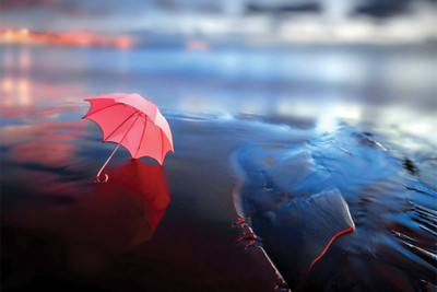 RadhaKripa pink umbrella on beach Poster Paper Print(18 inch X 12 inch, Rolled)