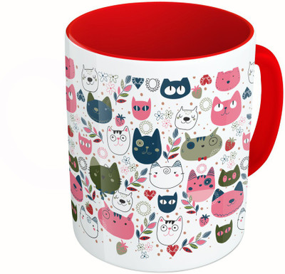 MiiCreations Printed Two Tone Red And White Cat Faces Pattern Ceramic Mug(325 ml)