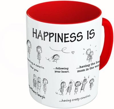 MiiCreations Printed Two Tone Red And White Happiness Quotes Ceramic Mug(325 ml)