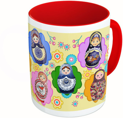 MiiCreations Printed Two Tone Red And White Printed Russian Dolls Ceramic Mug(325 ml)