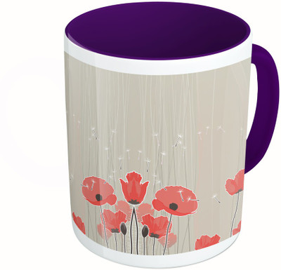 MiiCreations Printed Two Tone Blue And White Red Flower Ceramic Mug(325 ml), Multicolor