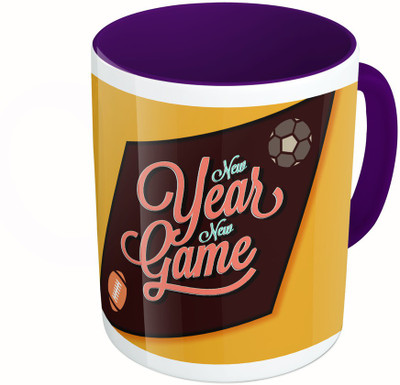 MiiCreations Printed Two Tone Blue And White New Year New Game Ceramic Mug(325 ml), Multicolor