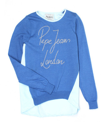 Pepe Jeans Embroidered Round Neck Casual Girls Blue Sweater, Blue melange
