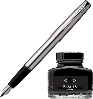 Parker Frontier Stainless Steel CT Fountain Pen with Black Quink Ink Bottle(Pack of 2)