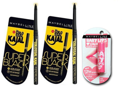 Maybelline Superblack Kajal Pack Of 2 & Pinklolita Lipbalm(Set of 3)
