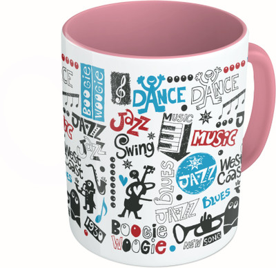 MiiCreations Printed Two Tone Pink And White Music Pattern Ceramic Mug(325 ml)