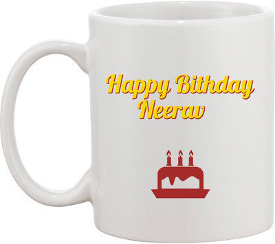 Awesum Happy Birthday Neerav Printed Ceramic Mug(350 ml), White