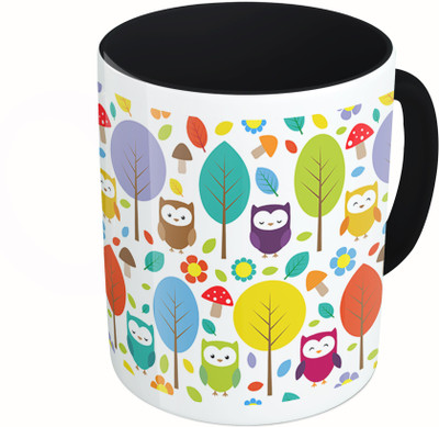 MiiCreations Printed Two Tone Black And White Owl And Leaf Pattern Ceramic Mug(325 ml)