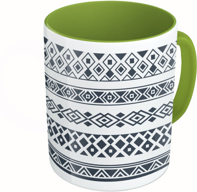 MiiCreations Printed Two Tone Green And White Diamond Shape Pattern Ceramic Mug(325 ml)