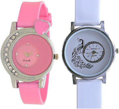 SPINOZA pink diamond studded and white designer beautiful peacock Watch - For Girls