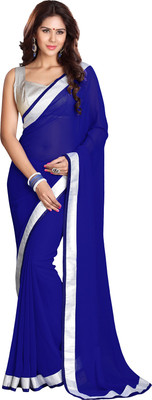 Sourbh Sarees Plain Fashion Georgette Saree(Blue, Silver