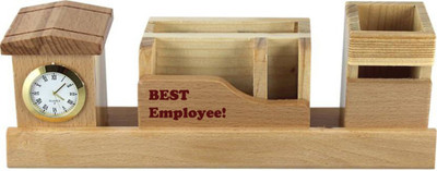 Awesum 4 Compartments Wooden Pen Stand(Brown)