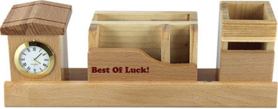 Awesum 4 Compartments Wooden Pen Stand(Brown)