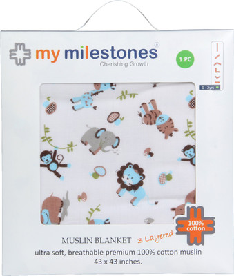 My Milestones Animal Swadding Baby Blanket(Microfiber, Blue