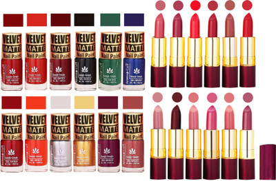 Aroma Care Velvet Matt Nail Polish Set of 12 Pcs Combo with Dry Matte Lipstick Set of 12 Pcs(Set of 24)