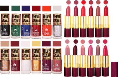 Aroma Care Velvet Matt Nail Polish Set of 12 Pcs Combo with Dry Matte Lipstick Set of 12 Pcs(Set of 24)