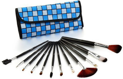Glow Professional Makeup Brushes Set In Blue Checkered Case(Pack of 12)