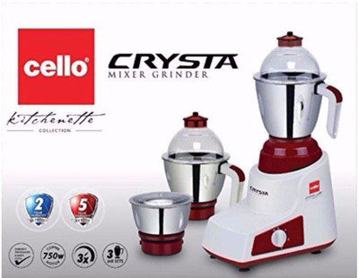 Cello Mixer 750 W Mixer Grinder(White, Maroon, 3 Jars), Maroon;white