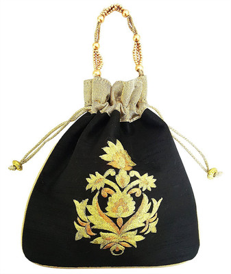 Mehrunnisa Big Floral Embroidered Potli Bag Wristlet(Black)