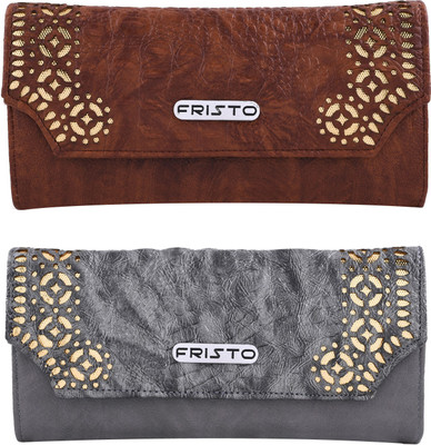 Fristo Girls Grey, Brown Artificial Leather Wallet, Grey and brown