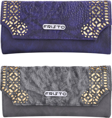 Fristo Girls Grey, Blue Artificial Leather Wallet, Grey and blue
