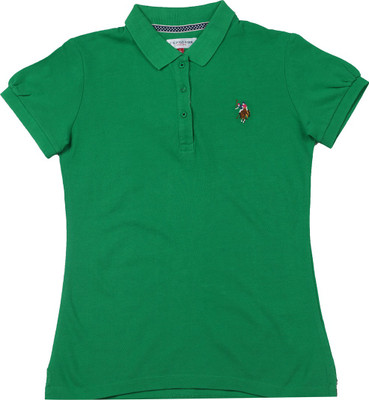 US Polo Kids Girls Solid Cotton T Shirt(Green, Pack of 1, Vibrant green
