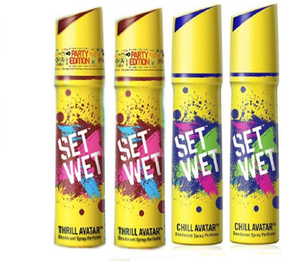 Set Wet 2 Thrill And 2 Chill set of 4 Perfume Body Spray - For Men(150 ml, Pack of 4)
Set Wet 2 Thrill And 2 Chill set of 4 Perfume Body Spray - For Men(150 ml, Pack of 4)