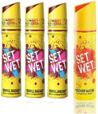 Set Wet 3 Thrill Avatar And 1 Mischief Avatar Set of 4 Deodorant Spray - For Men(150 ml, Pack of 4)
Set Wet 3 Thrill Avatar And 1 Mischief Avatar Set of 4 Deodorant Spray - For Men(150 ml, Pack of 4)
