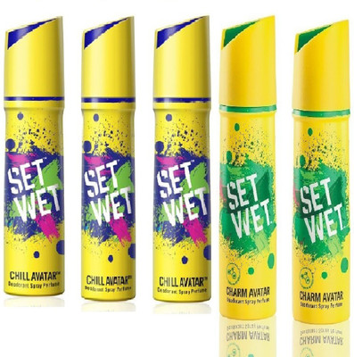 Set Wet 3 Chill Avatar And 2 Charm Avatar set of 5 Deodorant Spray - For Men(150 ml, Pack of 5)
Set Wet 3 Chill Avatar And 2 Charm Avatar set of 5 Deodorant Spray - For Men(150 ml, Pack of 5)