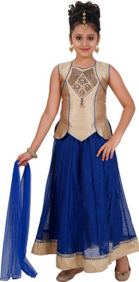 Saarah Girls Lehenga Choli Ethnic Wear Self Design Lehenga, Choli and Dupatta Set(Blue, Pack of 1