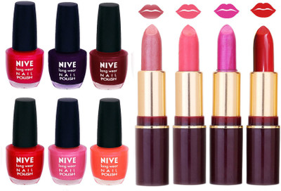 Nive NIVE 6 Vibrant Colour NAIL POLISH + 4 Rich Color QUNEX LIPSTICK COMBO(Set of 10)